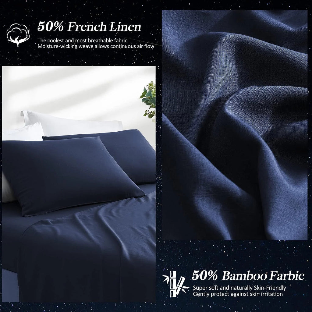 Pillow Cases, 2 Pack Queen Size Cooling Pillow Cases with 100% Bamboo & Linen Fiber, Breathable, Ultra Soft, Anti-Static, Machine Washable Envelope Hotel Pillowcases - Dark Blue