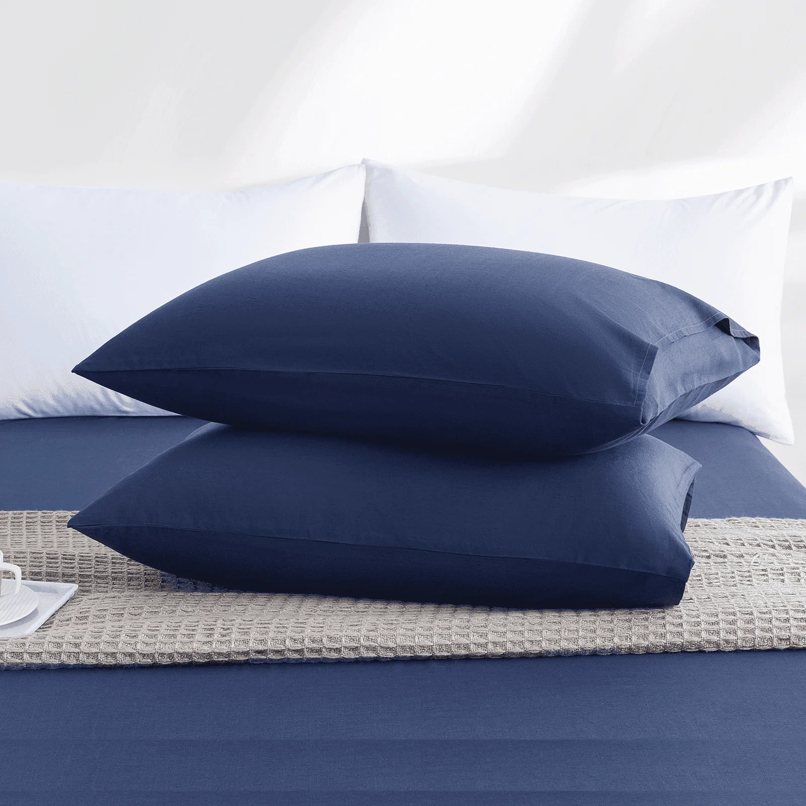 Pillow Cases, 2 Pack Queen Size Cooling Pillow Cases with 100% Bamboo & Linen Fiber, Breathable, Ultra Soft, Anti-Static, Machine Washable Envelope Hotel Pillowcases - Dark Blue